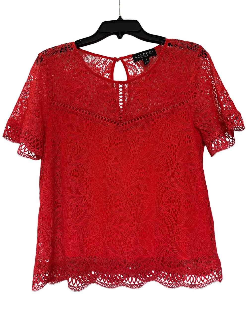 Laundry by Shelli Segal Red Lace Crochet Flutter Sleeve Top Medium